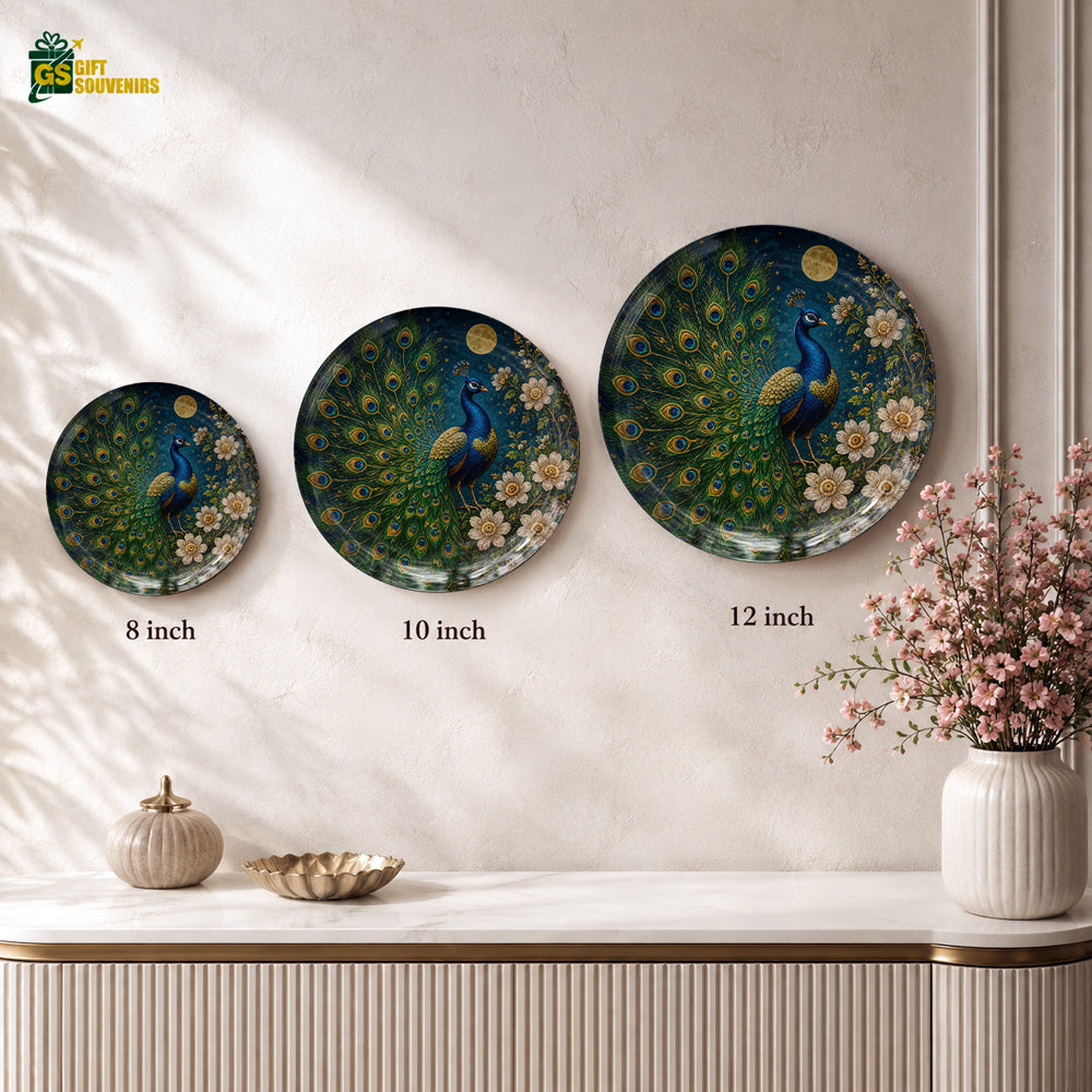 The Regal Bird peacock ceramic wall plate displayed with a premium gift box