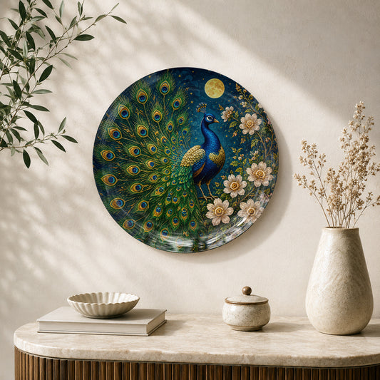 The Regal Bird peacock Vaastu ceramic wall plate with vibrant feathers and floral artwork