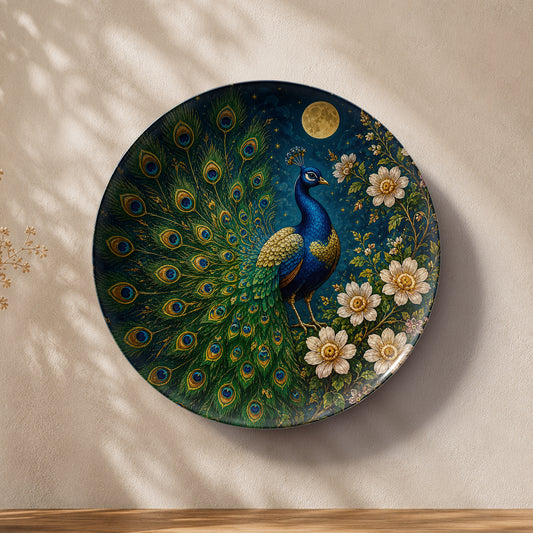 Peacock of Fortune ceramic wall plate symbolizing prosperity and grace for Vaastu home decor