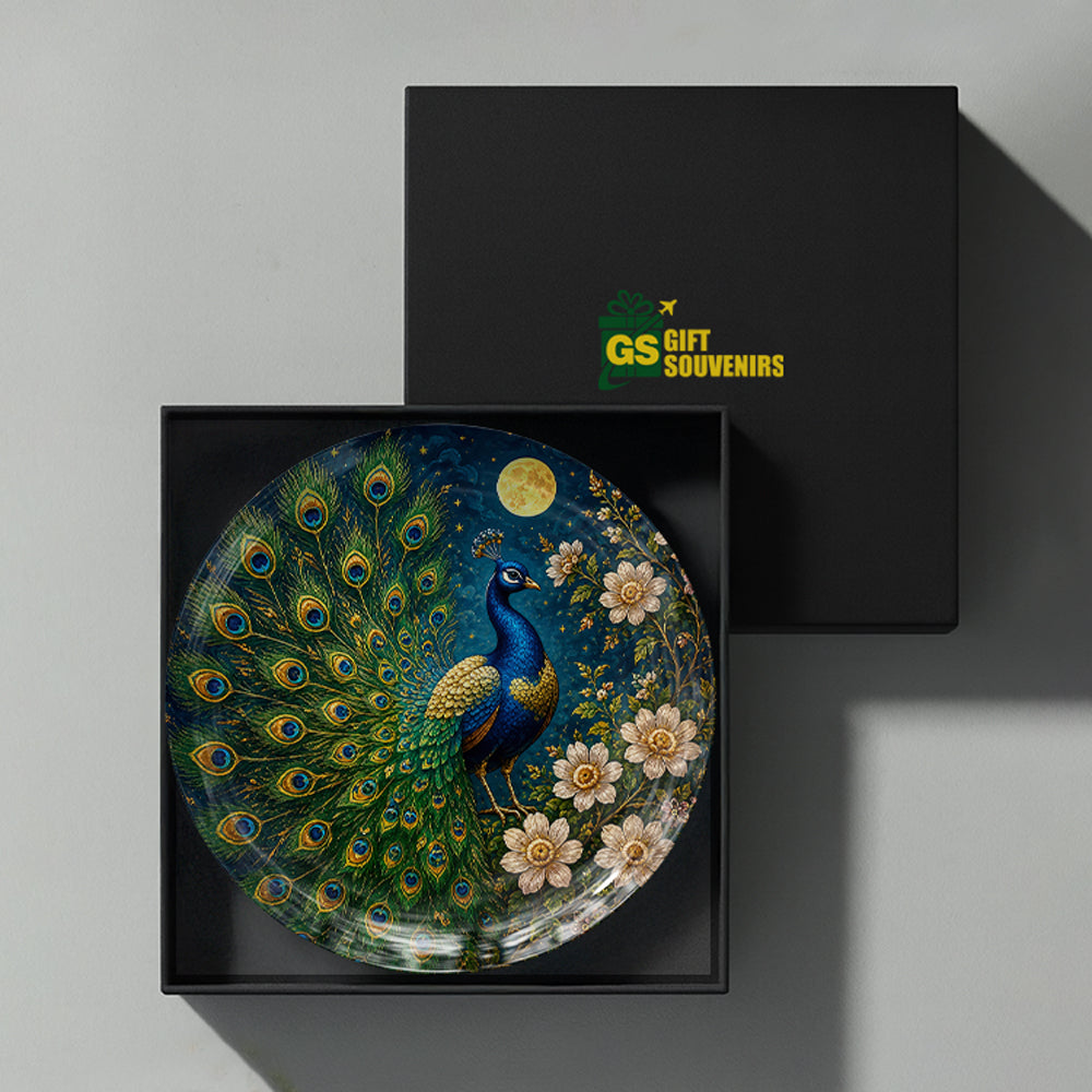 Peacock Vaastu ceramic wall plate with moonlit floral artwork presented in a premium gift box