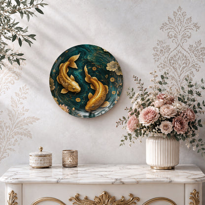 Golden koi fish wall decor plate with deep teal water, lotus flowers and prosperity-inspired artwork