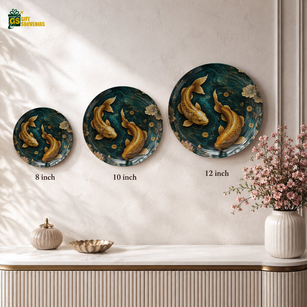 Golden Twin Koi Vaastu ceramic wall plate displayed as elegant prosperity-inspired home decor