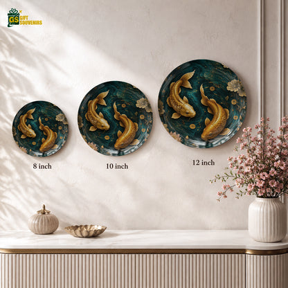 Golden Twin Koi Vaastu ceramic wall plate displayed as elegant prosperity-inspired home decor