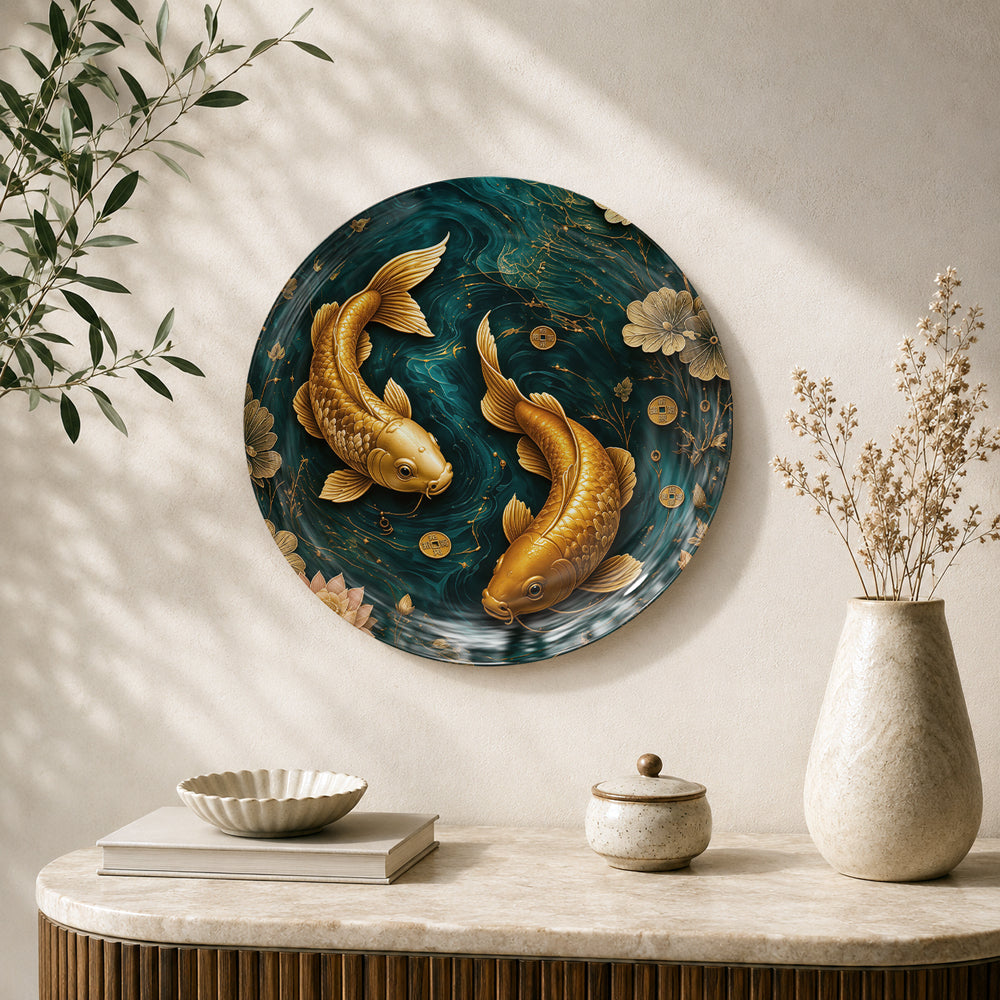Golden Twin Koi Vaastu ceramic wall plate with two golden koi fish and flowing teal water