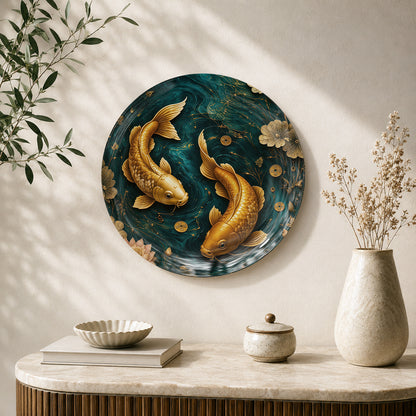 Golden Twin Koi Vaastu ceramic wall plate with two golden koi fish and flowing teal water