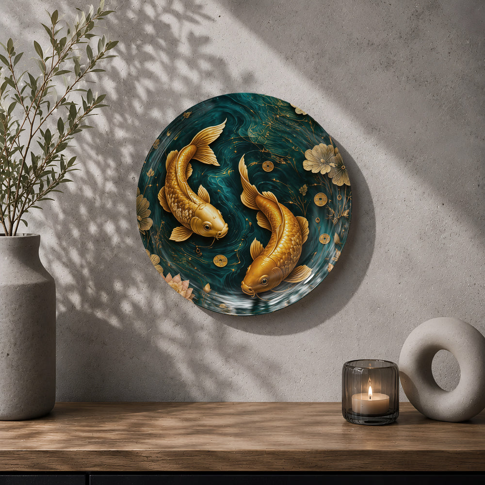 Twin koi ceramic wall plate symbolizing abundance, balance and positive energy for home decor