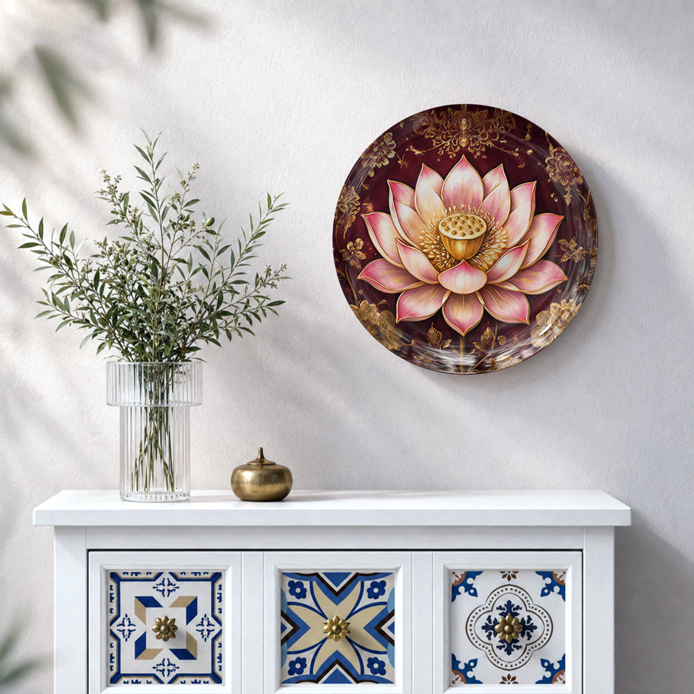 Vaastu lotus ceramic wall plate featuring a blooming pink lotus on a rich crimson background