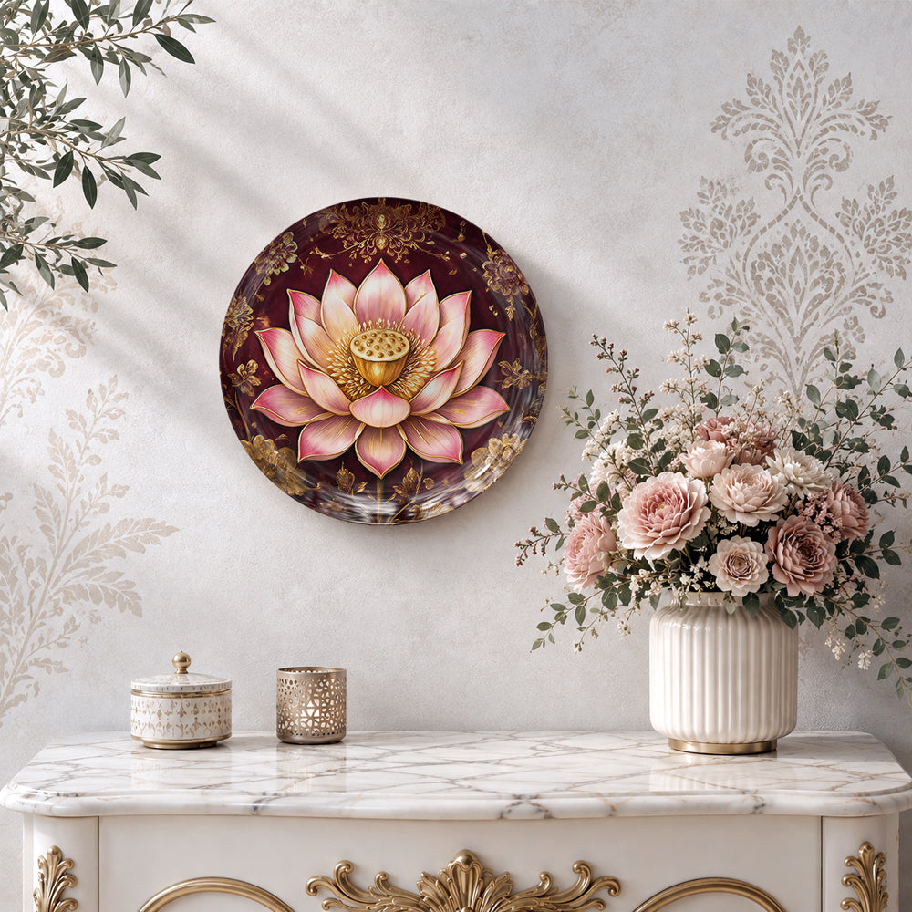 Crimson lotus wall decor plate with intricate golden floral motifs for elegant home interiors