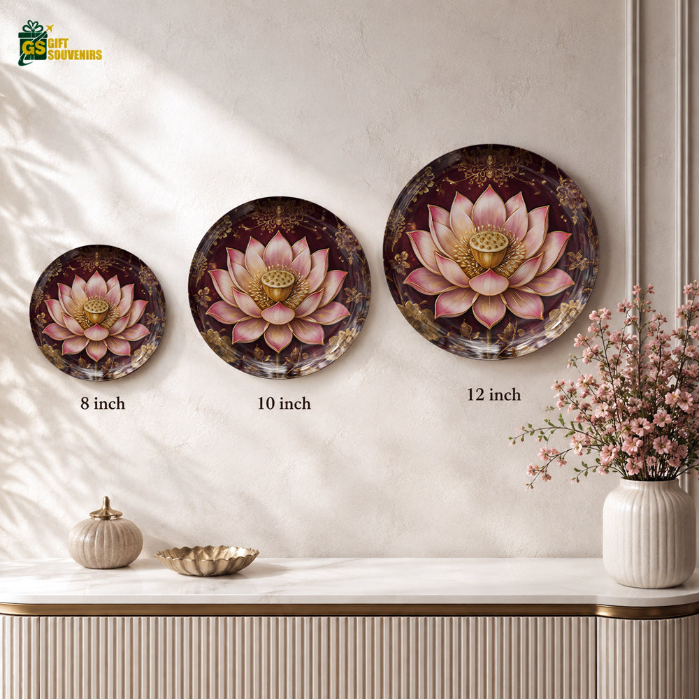 Crimson Lotus ceramic wall plate displayed as elegant Vaastu home decor with premium finish