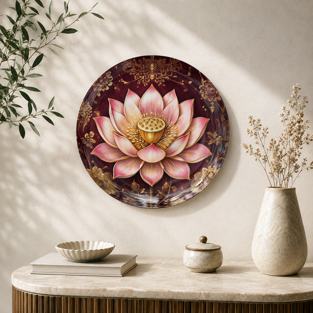 Crimson Lotus Vaastu ceramic wall plate with pink lotus and ornate golden floral artwork