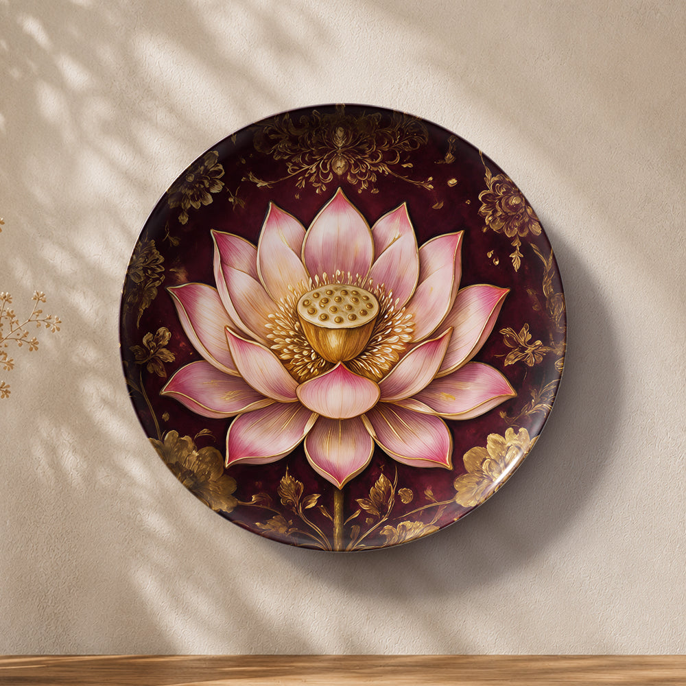 Crimson Lotus ceramic wall plate symbolizing abundance and prosperity for Vaastu home decor