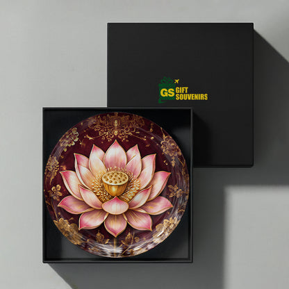 Crimson Lotus Vaastu ceramic wall plate presented in a premium gift box for gifting