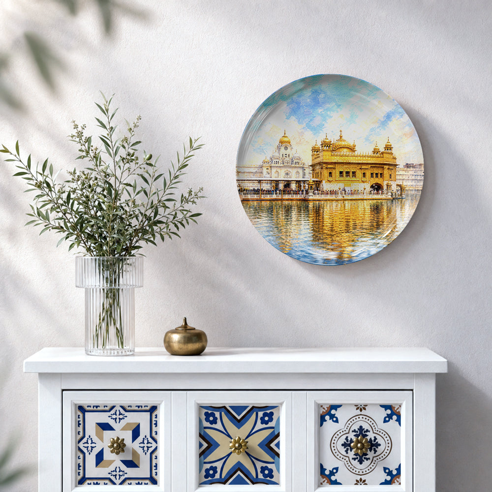 Golden Temple Amritsar ceramic wall decor with golden architecture and shimmering water reflection