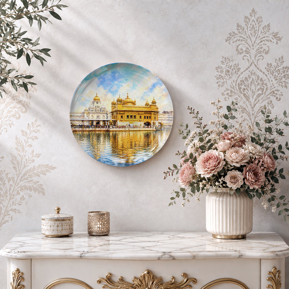 Punjab heritage ceramic wall plate depicting the Golden Temple of Amritsar in a painterly style