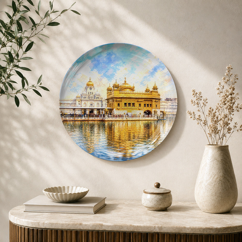 Golden Temple ceramic wall plate featuring Sri Harmandir Sahib reflected in the Amrit Sarovar