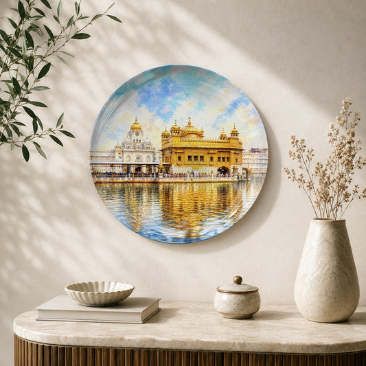 Golden Temple ceramic wall plate featuring Sri Harmandir Sahib reflected in the Amrit Sarovar