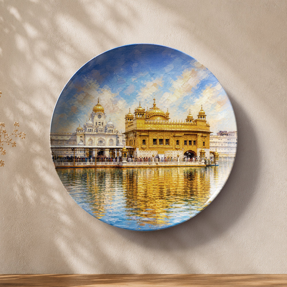 Amritsar heritage Punjab souvenir ceramic wall plate featuring the Golden Temple and blue sky