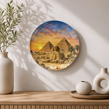 Premium ceramic wall plate showcasing the Egyptian pyramids and Sphinx beneath a golden desert sky.
