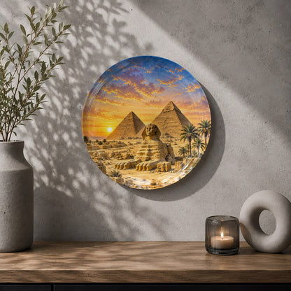 Decorative ceramic wall plate inspired by ancient Egypt with pyramids, Sphinx and desert landscape.