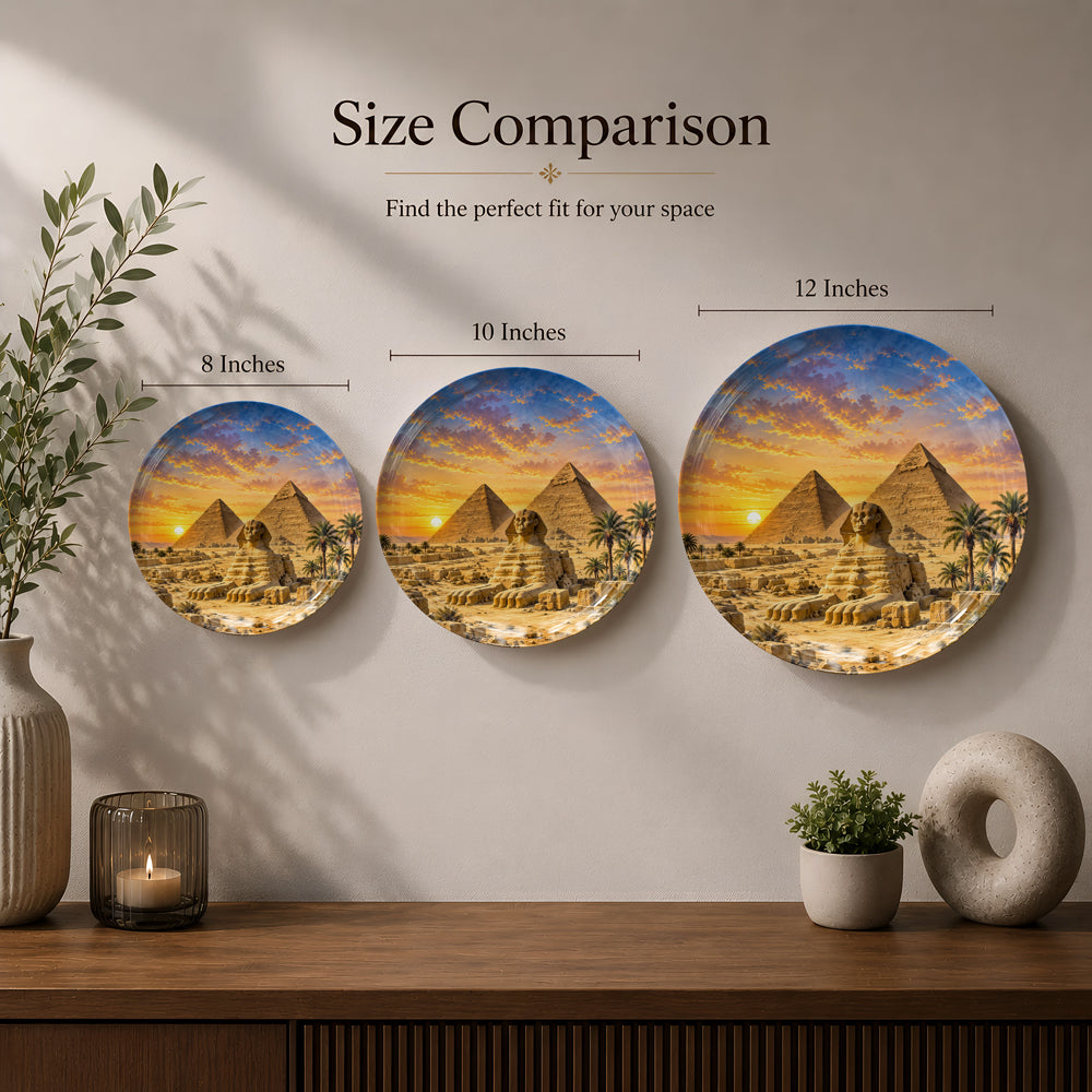 Luxury ceramic wall plate featuring the Pyramids of Giza, Great Sphinx and palm trees in Egypt.