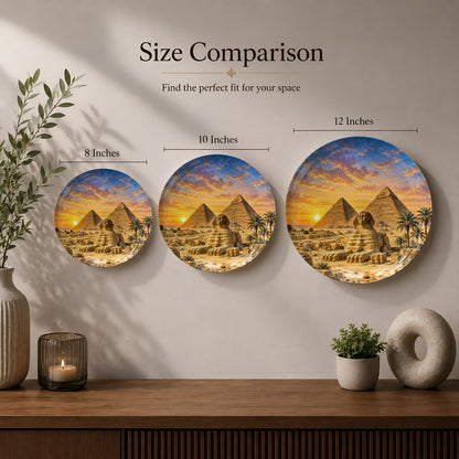Luxury ceramic wall plate featuring the Pyramids of Giza, Great Sphinx and palm trees in Egypt.