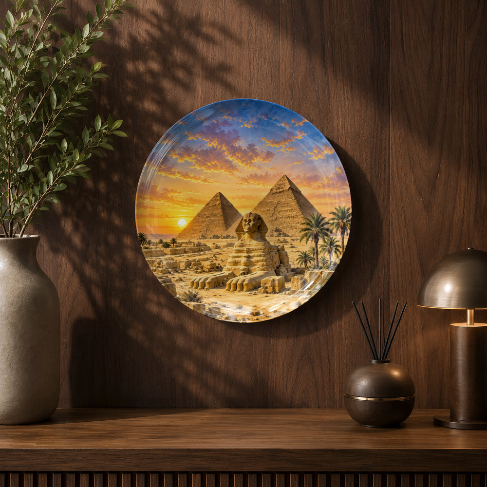 Premium glossy ceramic wall décor featuring the Great Sphinx and Pyramids of Giza at sunset.