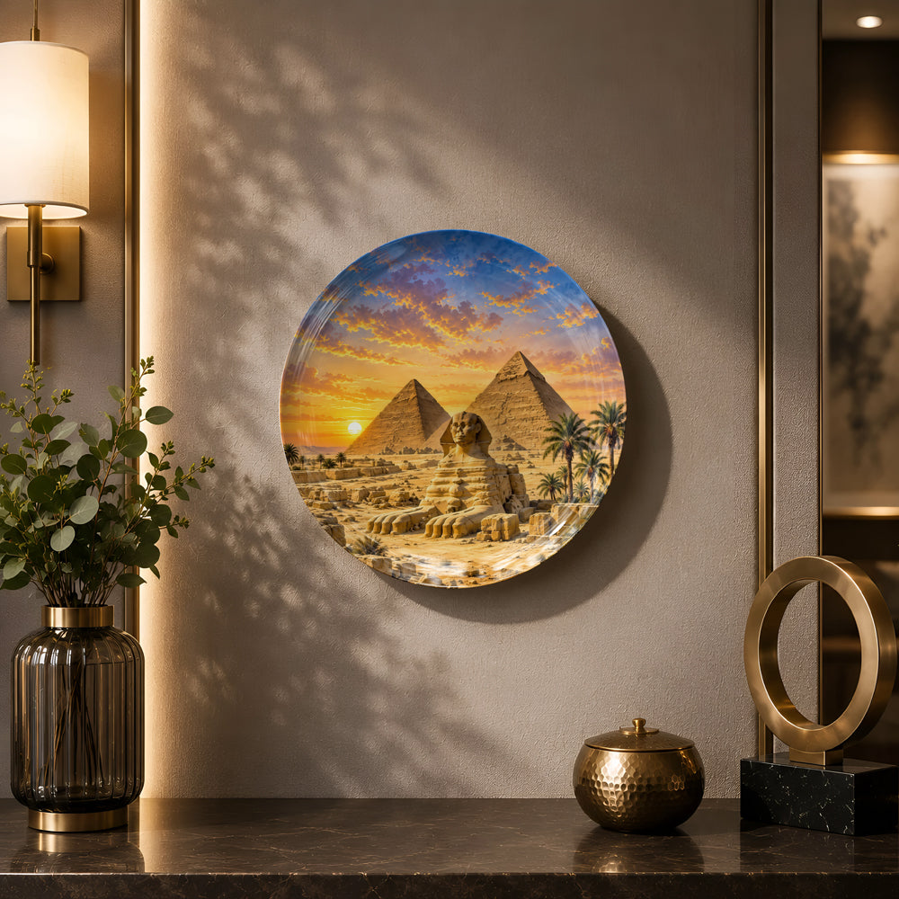 Ready-to-display ceramic wall plate celebrating Egypt's ancient monuments and iconic desert landscape.