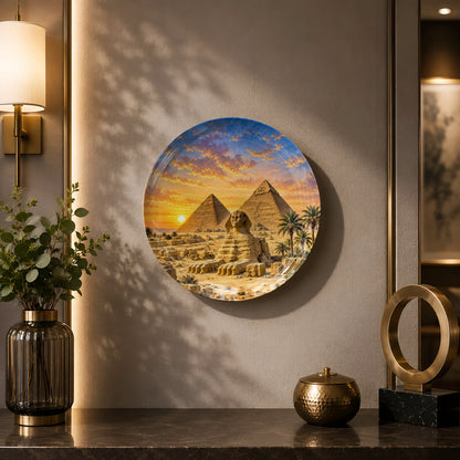 Ready-to-display ceramic wall plate celebrating Egypt's ancient monuments and iconic desert landscape.
