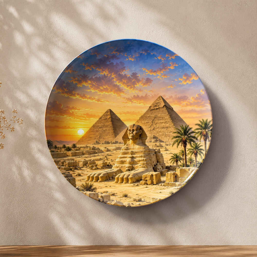 Giza at Dusk ceramic wall plate featuring the Pyramids of Giza and Great Sphinx at sunset.