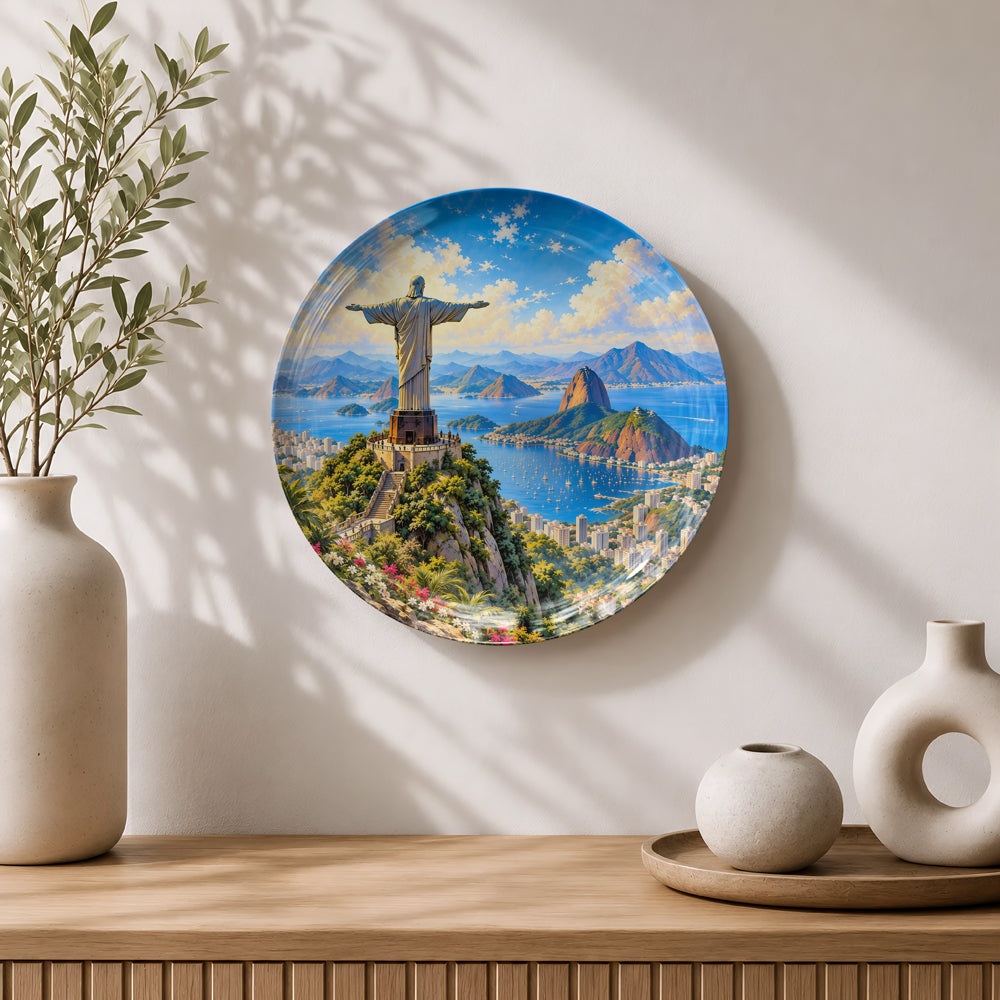 Premium ceramic wall plate showcasing Christ the Redeemer with Rio's mountains, coastline and blue waters.