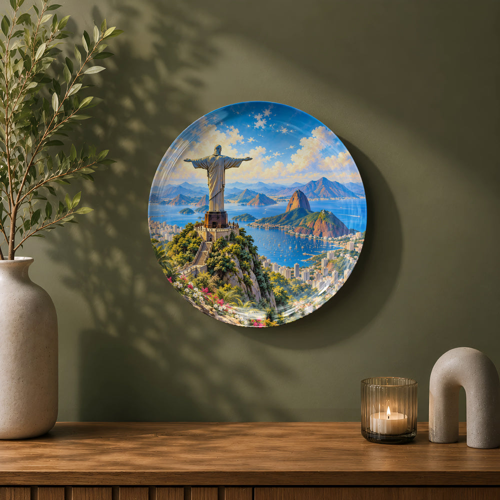 Premium glossy ceramic wall décor featuring Christ the Redeemer overlooking Guanabara Bay in Brazil.