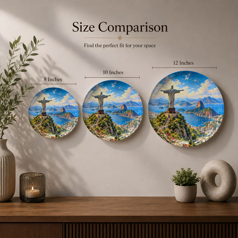 Luxury ceramic wall plate featuring Christ the Redeemer, tropical greenery and the Brazilian coastline.