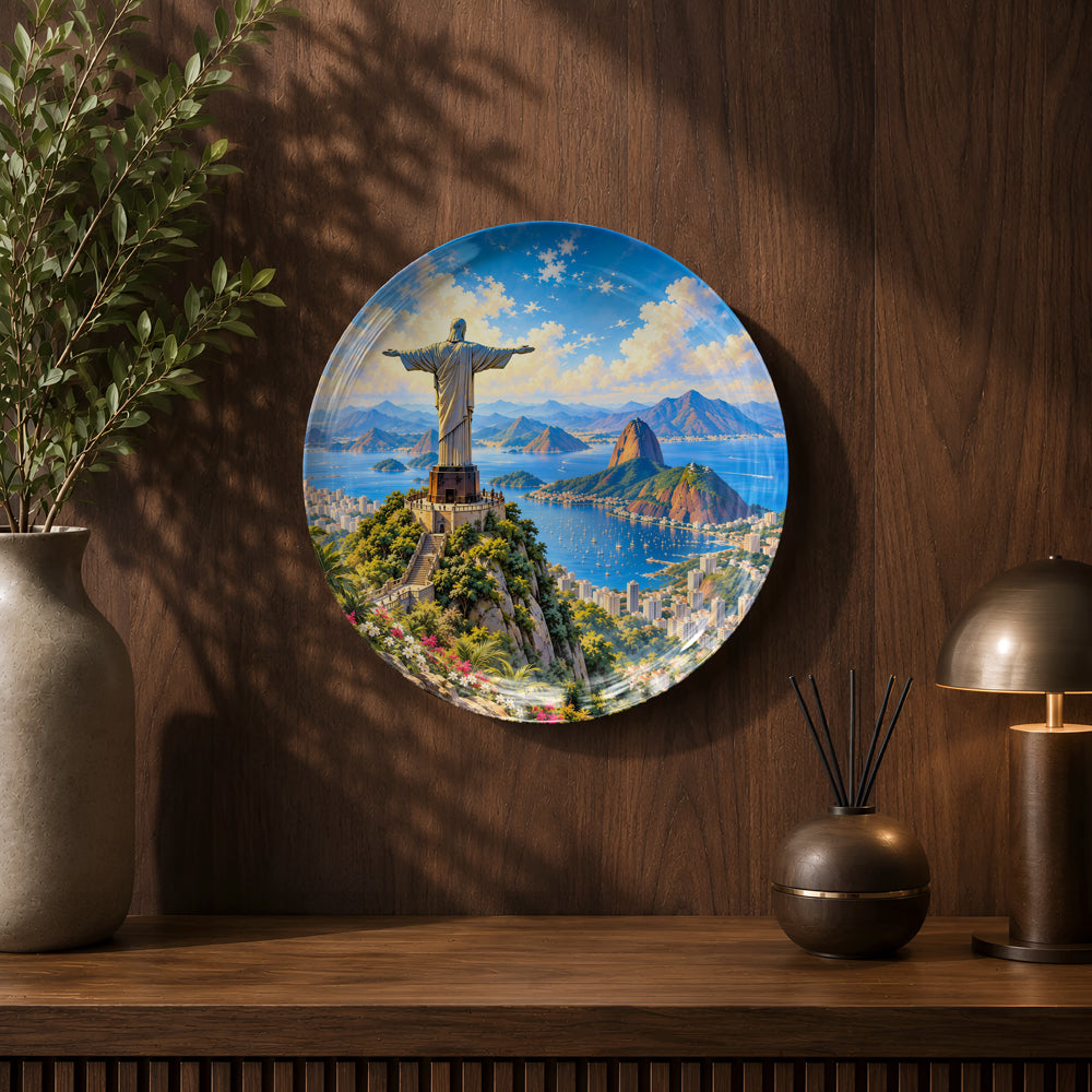 Decorative ceramic wall plate inspired by Rio de Janeiro with Christ the Redeemer and tropical landscapes.