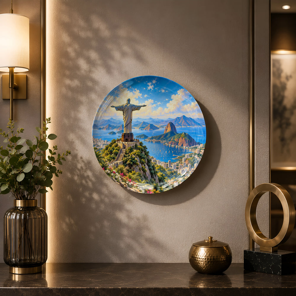 Ready-to-display ceramic wall plate celebrating Rio de Janeiro's iconic landmark and dramatic mountain scenery.