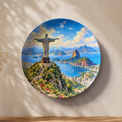 Rio Vista ceramic wall plate featuring Christ the Redeemer overlooking Rio de Janeiro and Guanabara Bay.