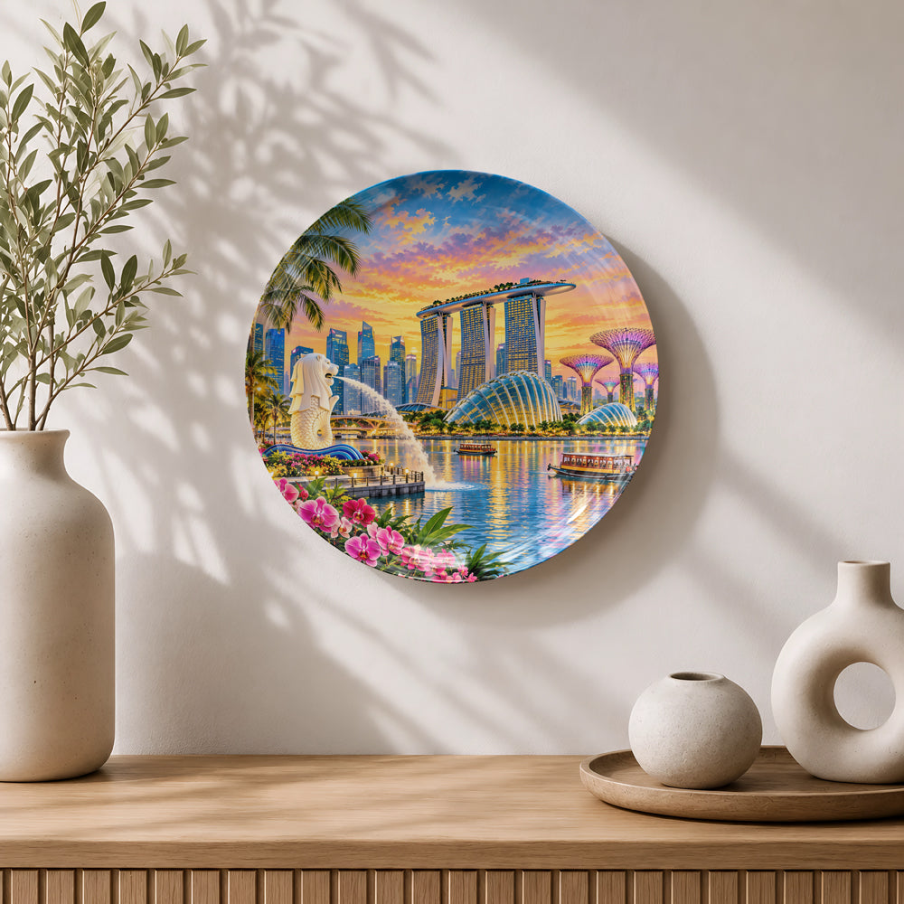 Singapore souvenir ceramic wall plate with Marina Bay skyline and waterfront