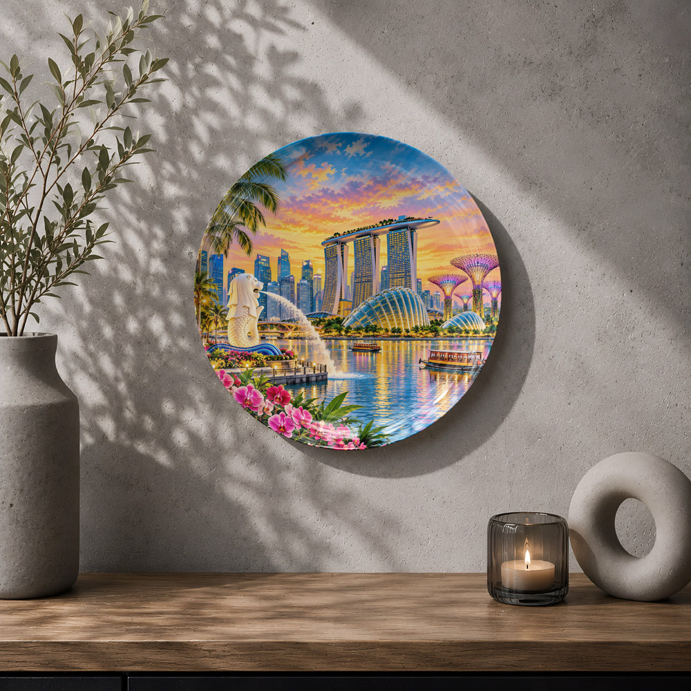 Singapore sunset ceramic wall plate with Merlion and tropical flowers
