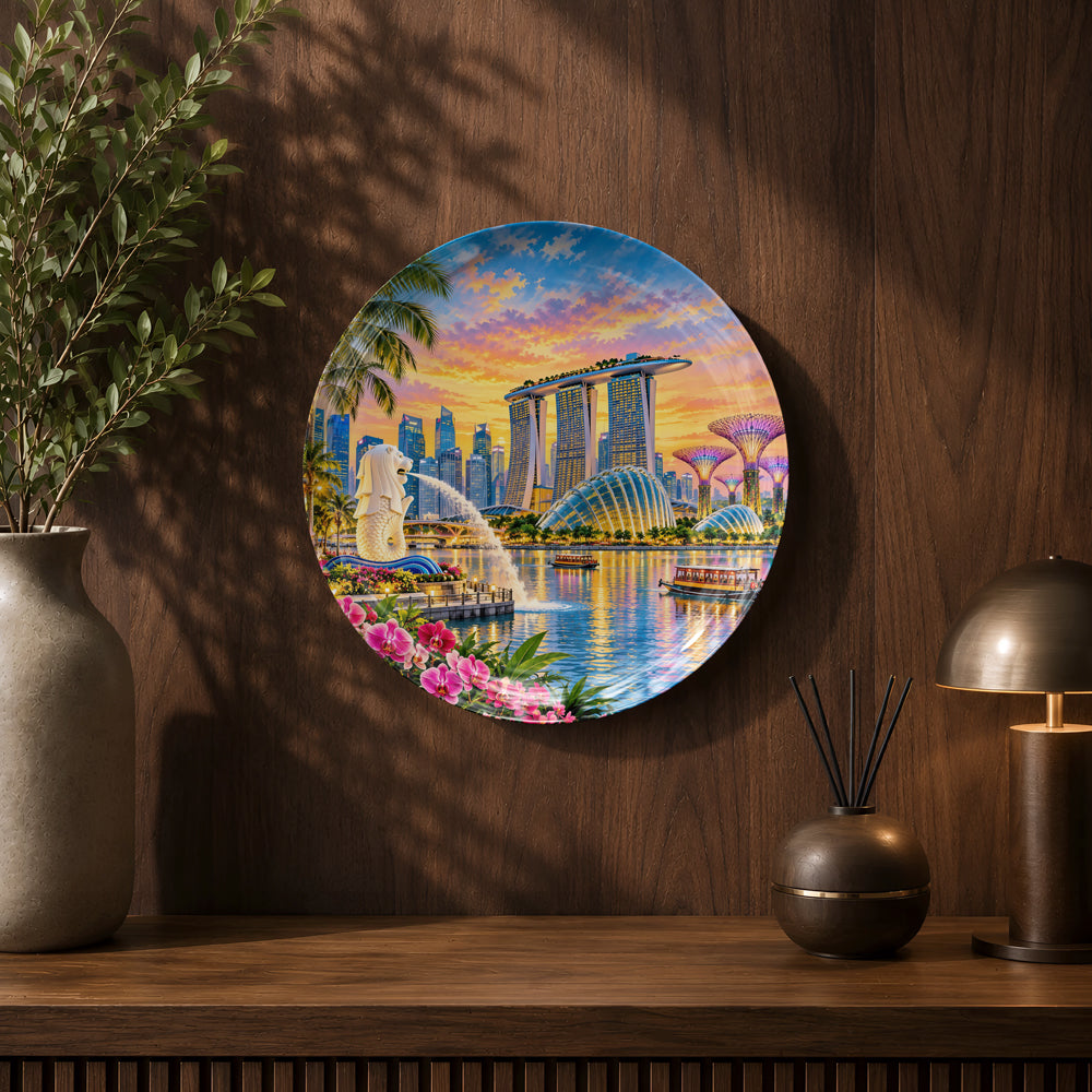 Singapore travel souvenir wall plate featuring iconic Marina Bay landmarks