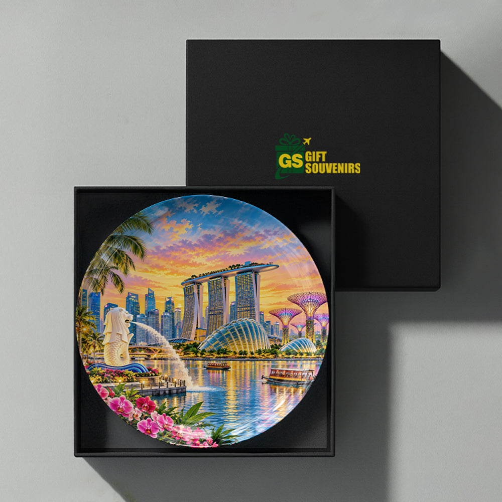 Singapore ceramic wall plate featuring Marina Bay Sands Merlion and sunset