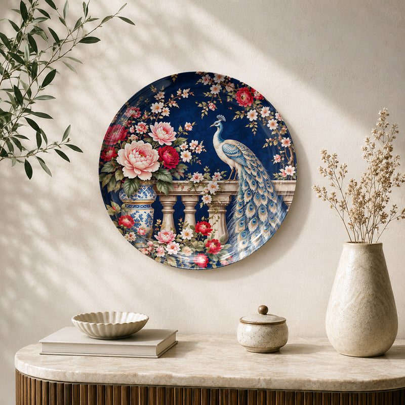 Midnight Peacock Floral Elegance ceramic wall plate featuring a blue and gold peacock among flowers