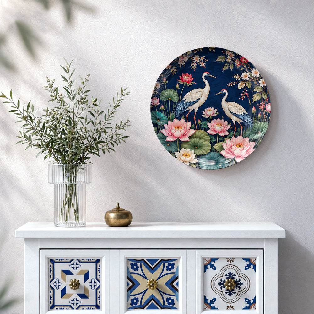 Wildlife ceramic wall décor featuring two graceful cranes in a colourful lotus garden