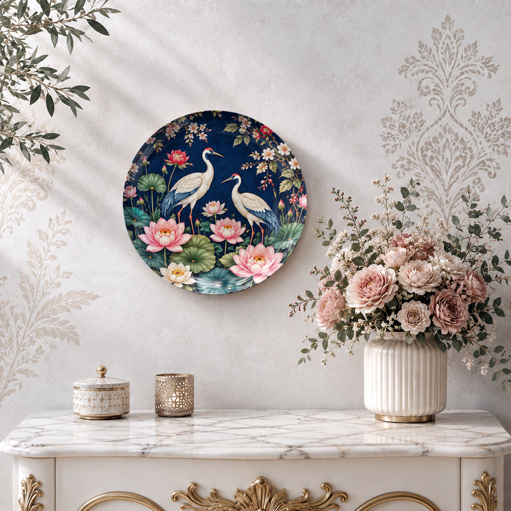Blossoms and Wings glossy ceramic plate with cranes, pink flowers and delicate botanical branches