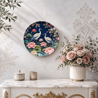 Blossoms and Wings glossy ceramic plate with cranes, pink flowers and delicate botanical branches