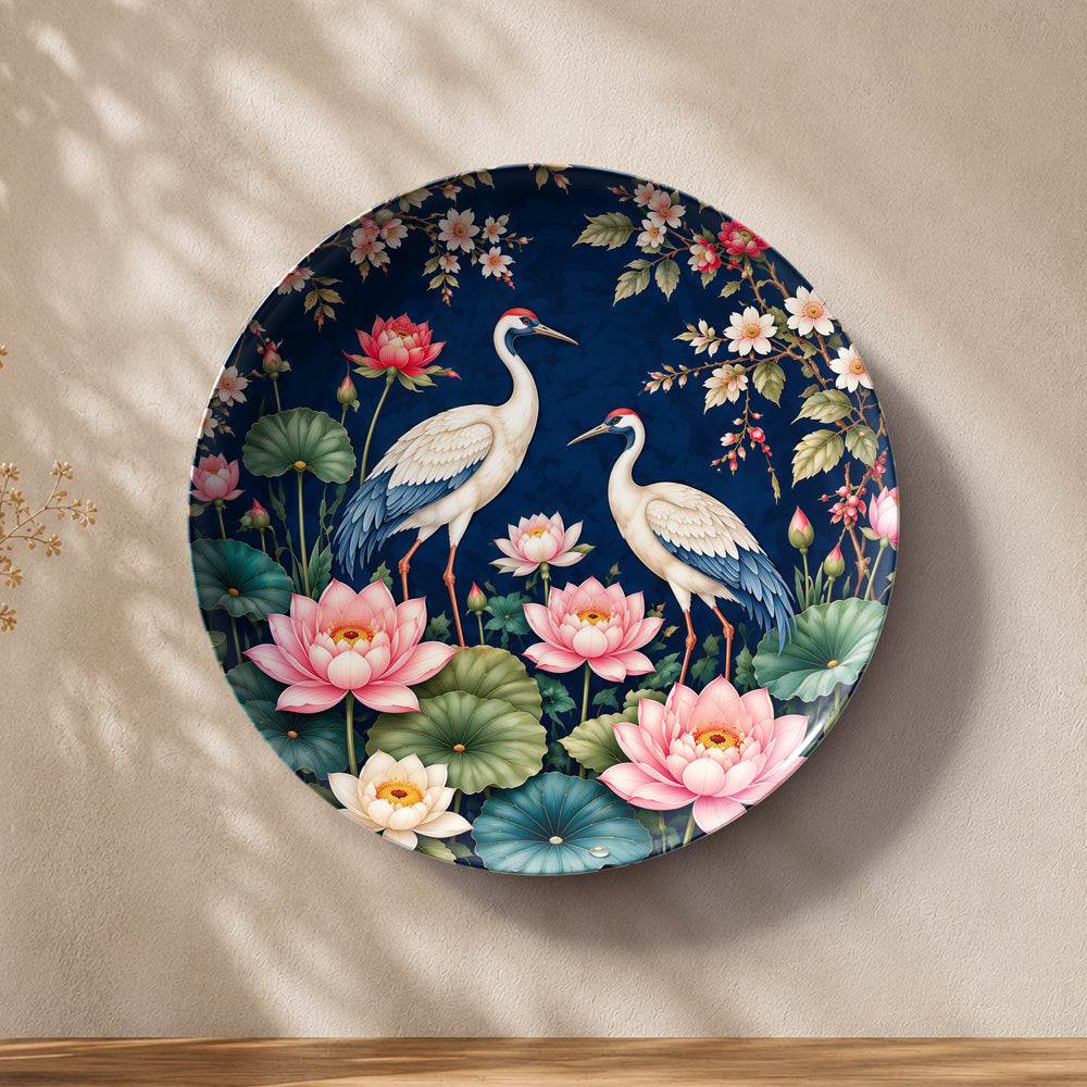 Nature-inspired ceramic wall plate showcasing elegant white birds and blooming lotus blossoms