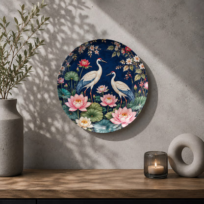 Twin cranes floral ceramic souvenir plate with a midnight-blue background and green lily pads