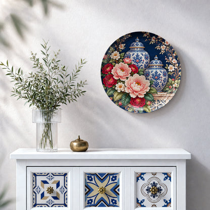Botanical ceramic wall décor featuring pink peonies, white flowers and decorative blue-and-white vases