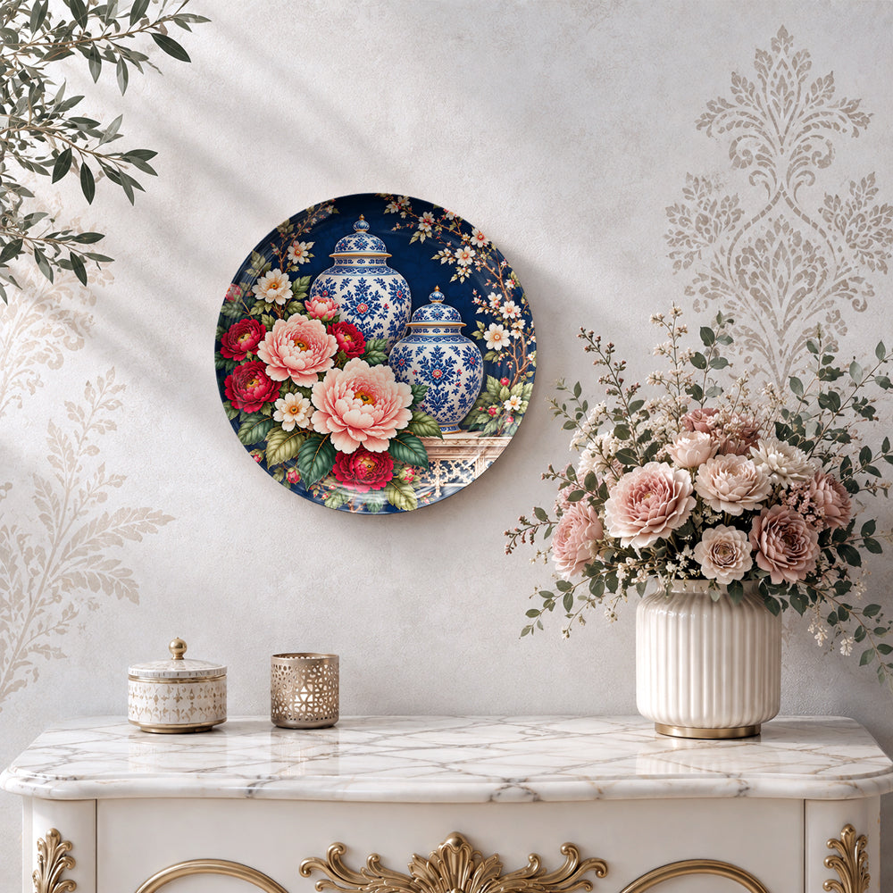 Peonies and Porcelain glossy ceramic plate with blue floral vase patterns and colourful blossoms
