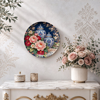Peonies and Porcelain glossy ceramic plate with blue floral vase patterns and colourful blossoms