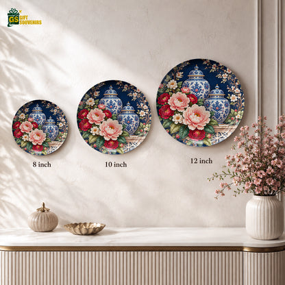 Floral vase wall plate with crimson blooms, green foliage and delicate flowering branches