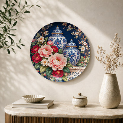 Peonies and Porcelain ceramic wall plate featuring blue-and-white decorative vases and pink flowers